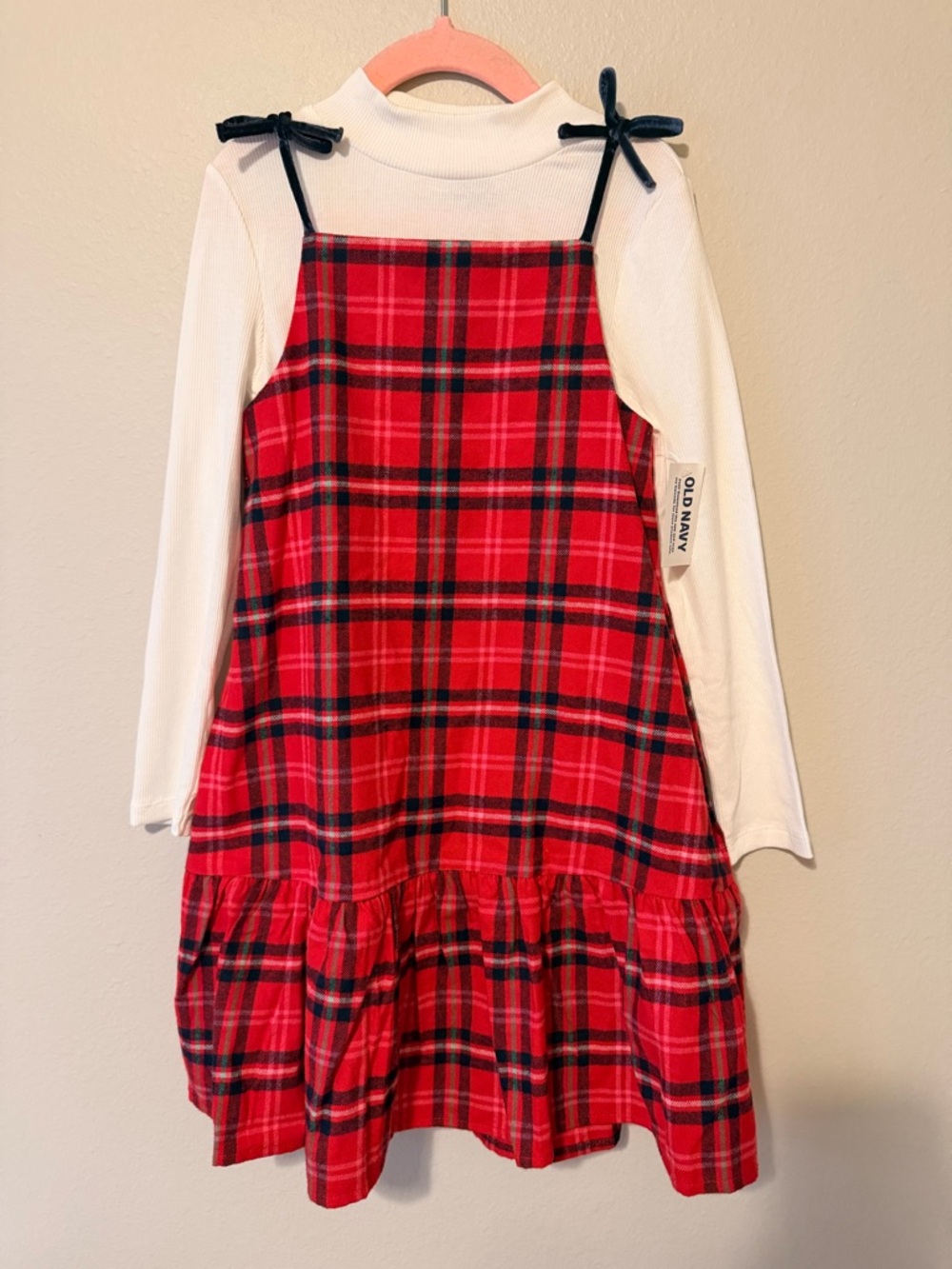 Old Navy girls Red Plaid Tiered Pinafore Dress with White Mock Neck Layer